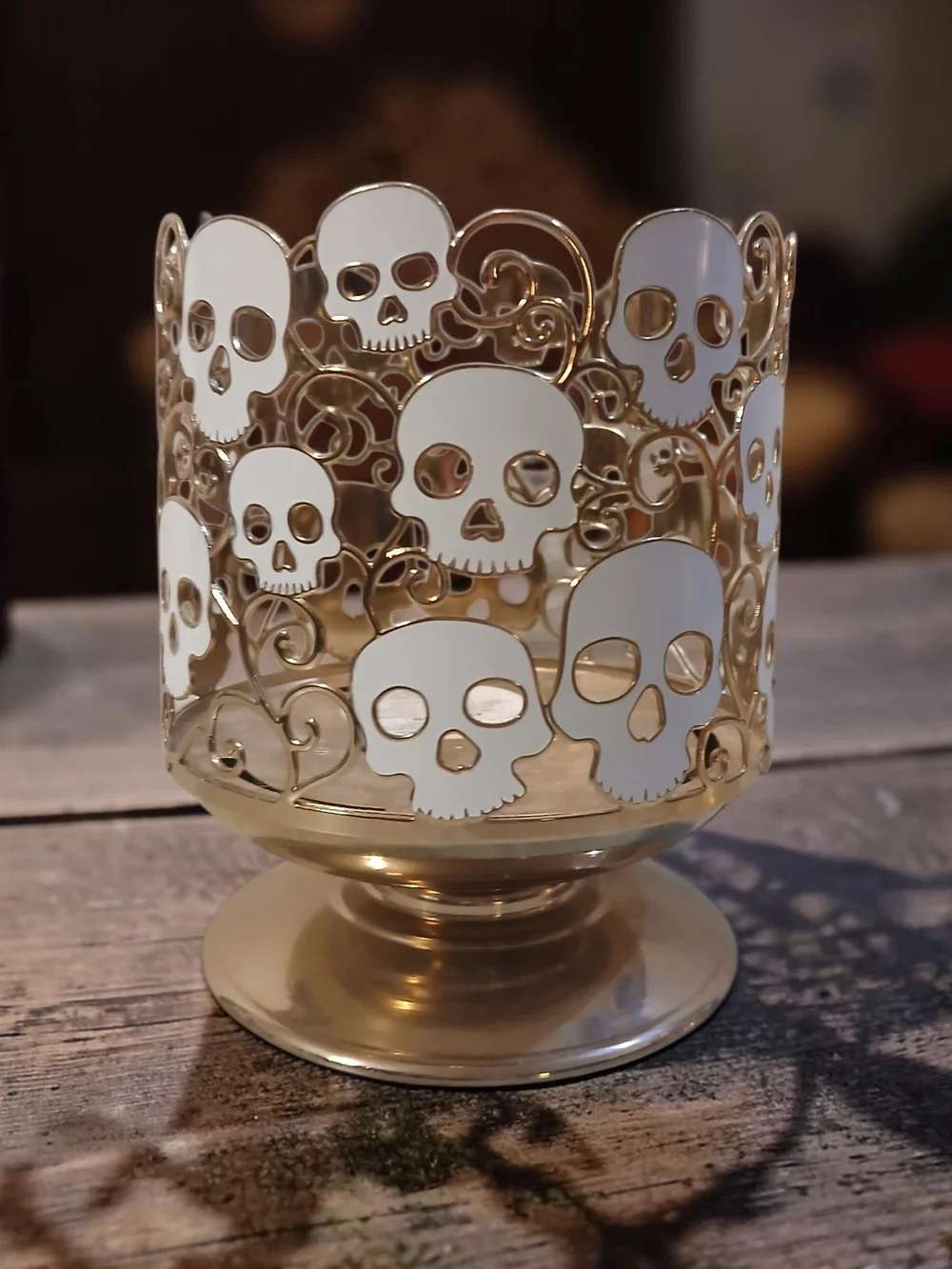 Bath & Body Works Gold and White Skull Candle Holder